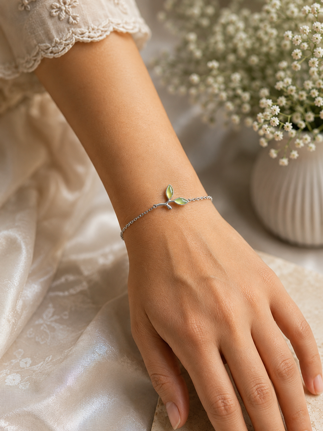 Enchanted Green Leaf 925 Silver Bracelet