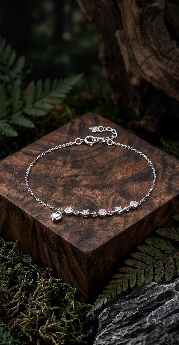 Silver Heart & Crystal Charm 925 Silver bracelet