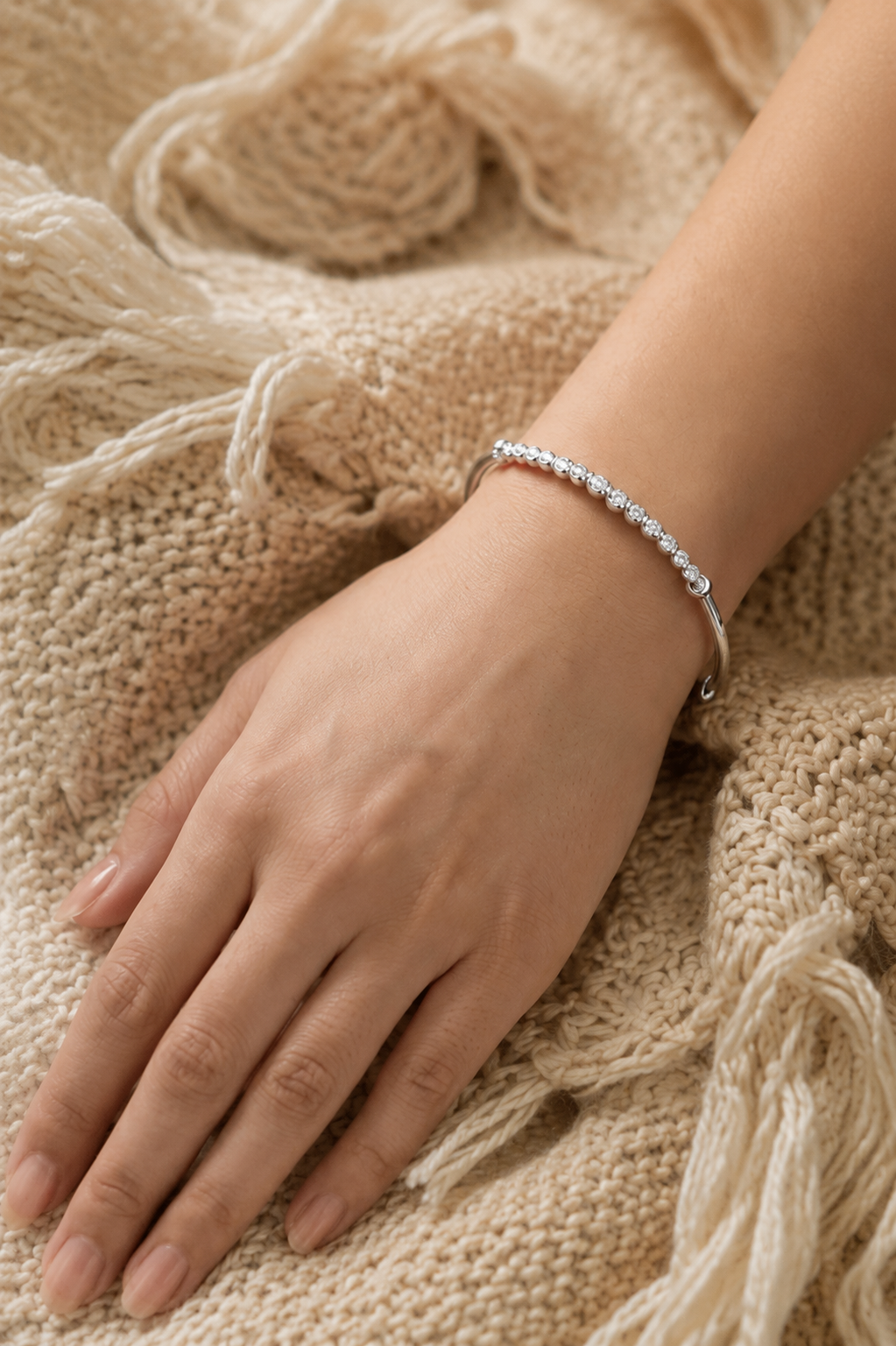 Silver Beaded Minimalist Cuff 925 Silver Bracelet