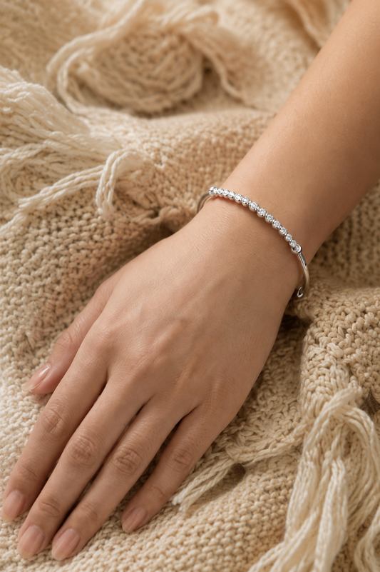 Silver Beaded Minimalist Cuff 925 Silver Bracelet
